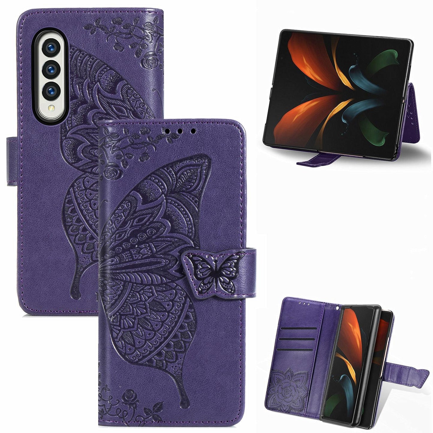 Embossed Butterfly Love Leather Case for Samsung Galaxy z Fold 4 - Flower Design - Light Purple