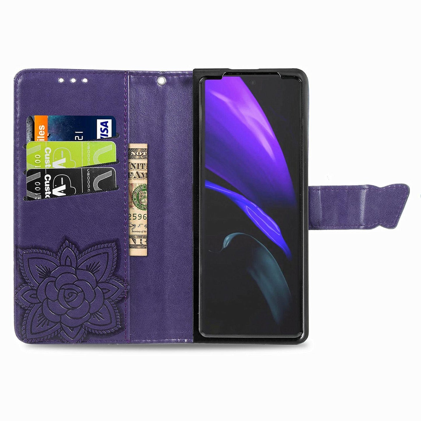 Embossed Butterfly Love Leather Case for Samsung Galaxy z Fold 4 - Flower Design - Light Purple