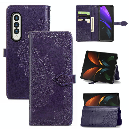 Embossed Mandala Leather Phone Case for Samsung Galaxy z Fold 4 - Purple