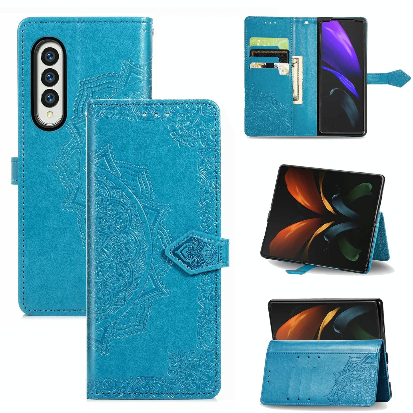 Embossed Mandala Leather Phone Case for Samsung Galaxy z Fold 4 - Purple