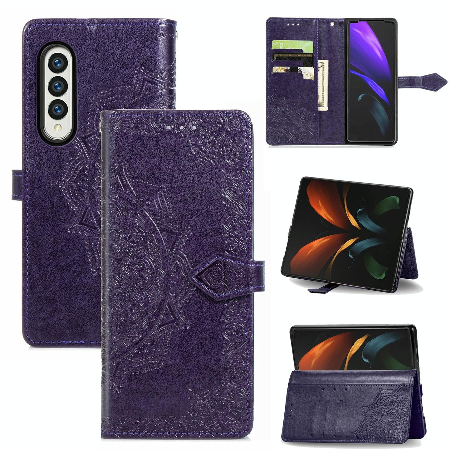 Embossed Mandala Leather Phone Case for Samsung Galaxy z Fold 4 - Purple