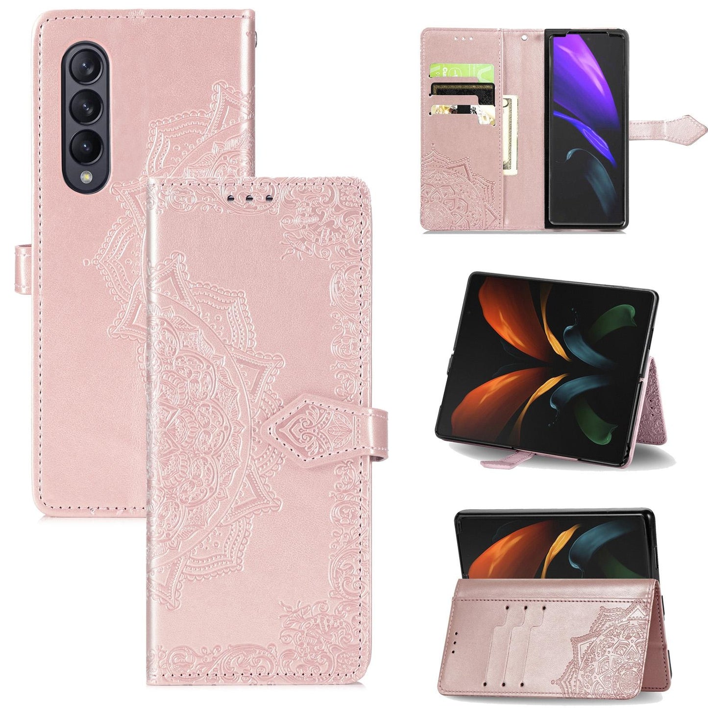Embossed Mandala Leather Phone Case for Samsung Galaxy z Fold 4 - Purple