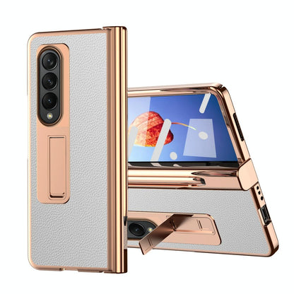 Premium Litchi Leather Hinged Phone Case for Samsung Galaxy z Fold 4 - with Pen - White