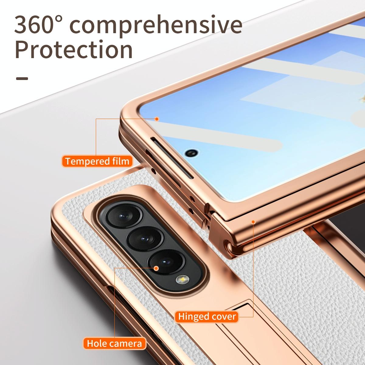 Premium Litchi Leather Hinged Phone Case for Samsung Galaxy z Fold 4 - with Pen - White