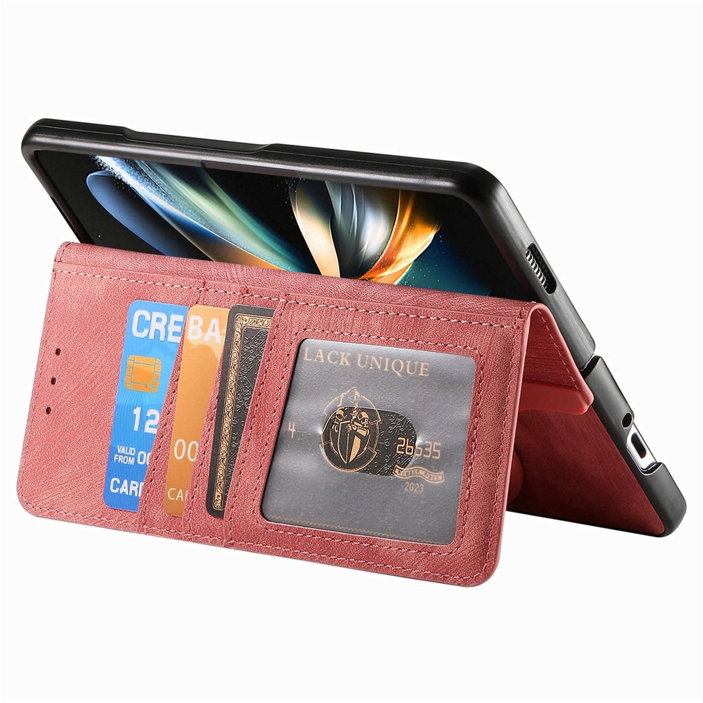 Vintage Magnetic Wallet Case for Samsung Galaxy z Fold 4 - Zipper Closure - Pink