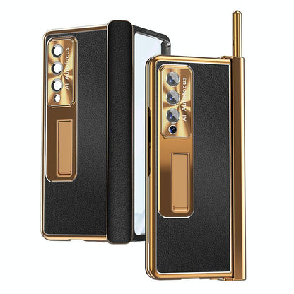 Shockproof Magnetic Litchi Pattern Phone Case for Samsung Galaxy z Fold 4 - Champagne Gold