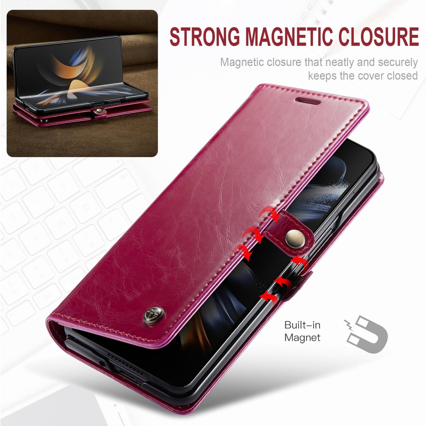 Premium Crazy Horse Leather Phone Case for Samsung Galaxy z Fold 4 - Red