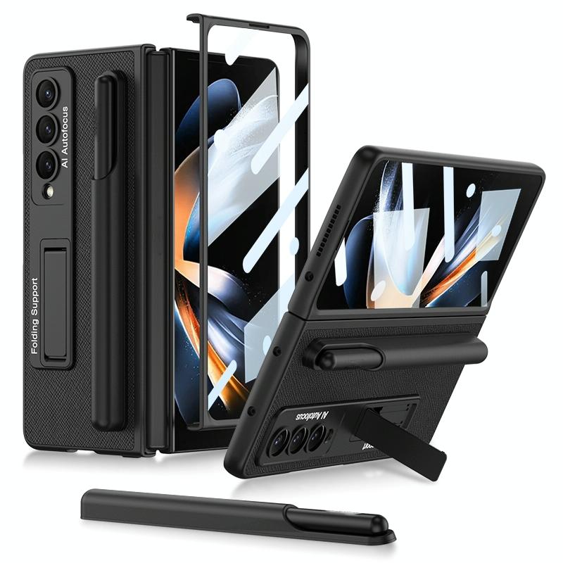Leather Case with Holder & Pen Slots for Samsung Galaxy z Fold 4 - Thin & Shockproof - Cross Texture