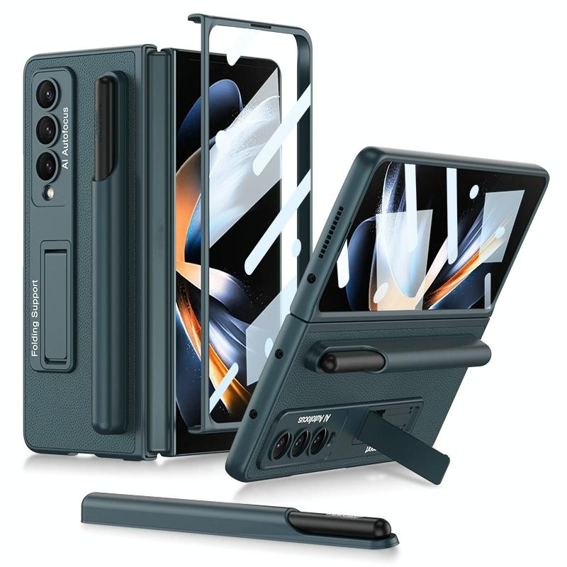 Leather Case with Holder & Pen Slots for Samsung Galaxy z Fold 4 - Thin & Shockproof - Cross Texture