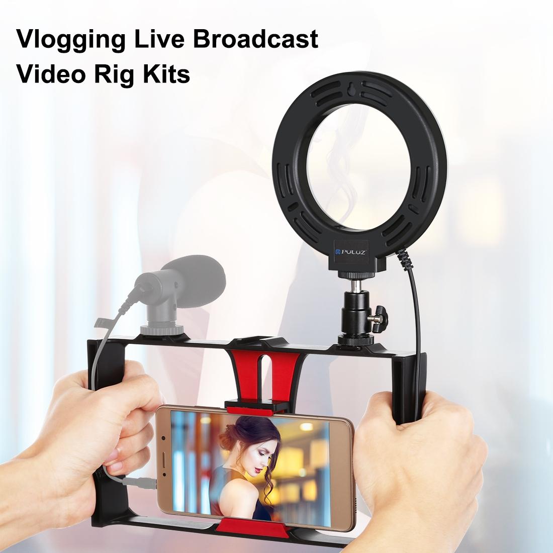 Vlogging Live Broadcast Smartphone Video Rig With 4.7 Inch Ring Led Selfie Light Kit And Cold Shoe Tripod Head - Blue