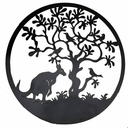 Kangaroo By Tree Round Metal Wall Art 98cm