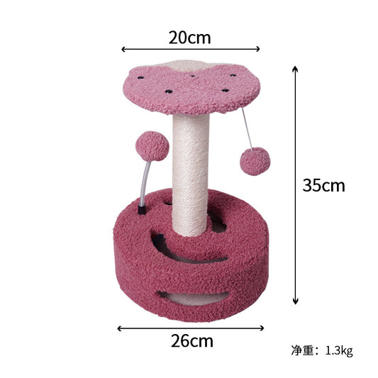 Strawberry colour Cat Scratching Post with Playful Ball Toys, Flower Design - 35cm Height, 26cm Base