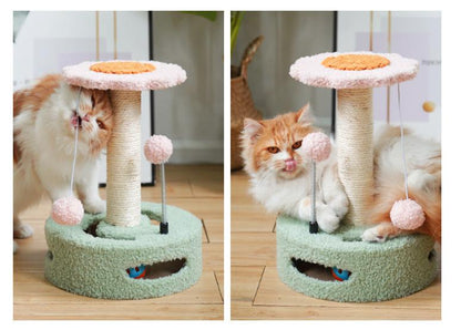 Strawberry colour Cat Scratching Post with Playful Ball Toys, Flower Design - 35cm Height, 26cm Base