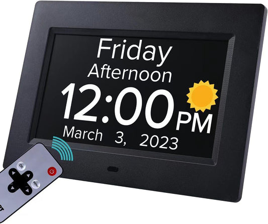 Black Crystal Clear 7-Inch Digital Day Clock with Auto Dimming & Voice Assist - Perfect for Seniors