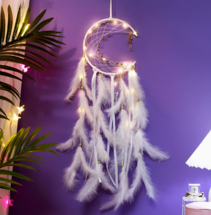 White With light 2 PCS Mystic Moon Dreamcatcher Wind Chime Pendant - Elegant Lunar Design with Soothing Tones