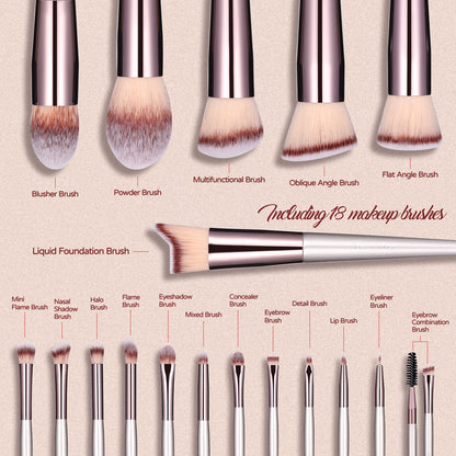 Beige 18-Piece Makeup Brush Set - Professional Synthetic Fiber Brushes with Wooden Handles for Flawless Beauty