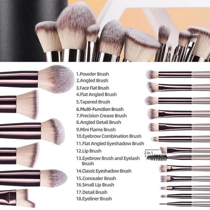 Black 18-Piece Makeup Brush Set - Professional Synthetic Fiber Brushes with Wooden Handles for Flawless Beauty