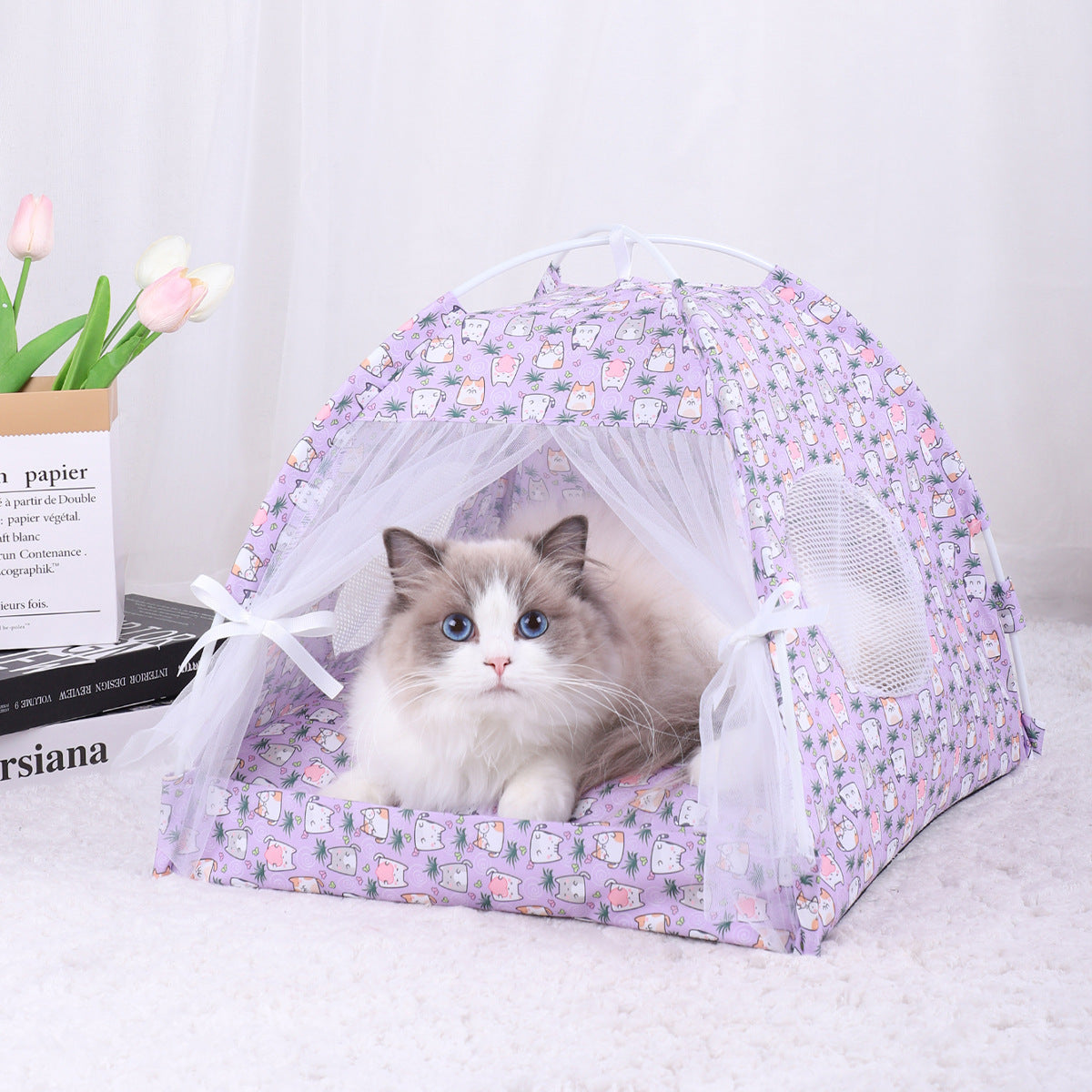 L 50*50CM 15 Catties Within The Pet Purple Cat Cooling Summer Pet Tent - Portable Foldable Breathable Outdoor Cat House Shelter