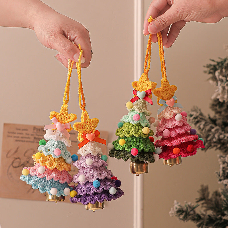 2 Pcs Handmade Crochet Christmas Tree Ornament - Plush Knitted Decoration with Bell - Ideal for Home, Car & Holiday Decor(Style A)