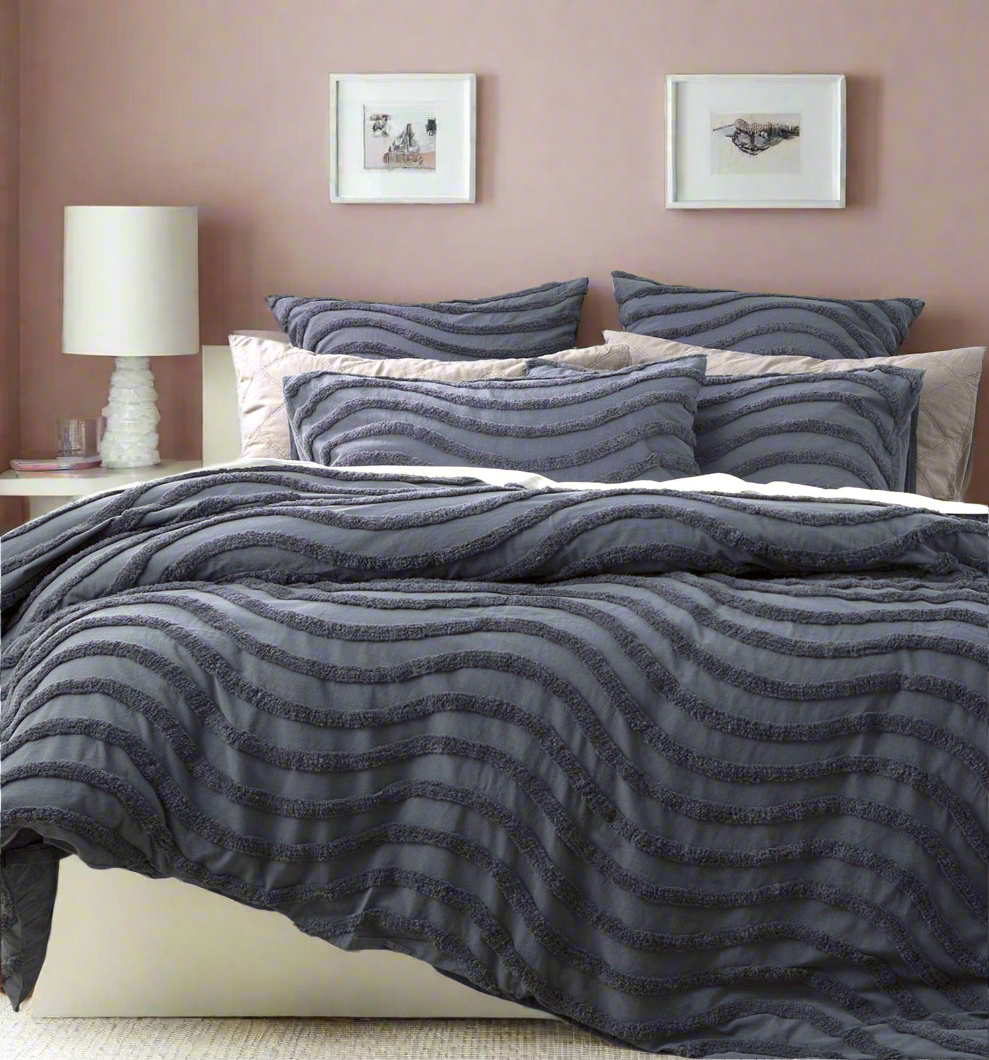 Chenille Wave 100% Cotton Vintage Washed Blue Tufted Quilt Cover Set by Cloud Linen Queen