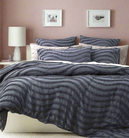 Chenille Wave 100% Cotton Vintage Washed Blue Tufted Quilt Cover Set by Cloud Linen Queen