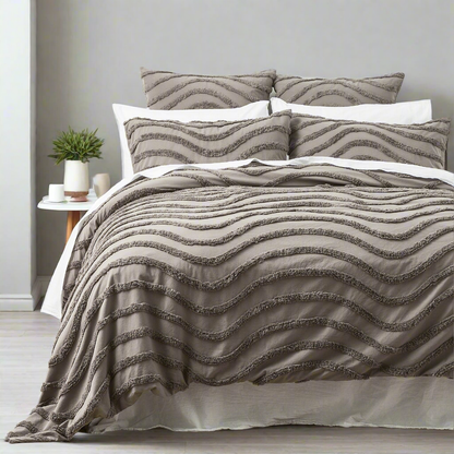 Chenille Wave 100% Cotton Vintage Washed Grey Tufted Quilt Cover Set by Cloud Linen Queen
