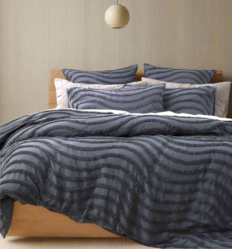 Chenille Wave 100% Cotton Vintage Washed Blue Tufted Quilt Cover Set by Cloud Linen Queen